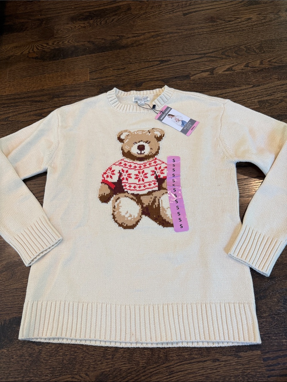 Mighty Fine Cream Crewneck Sweater with Teddy Bear Graphic